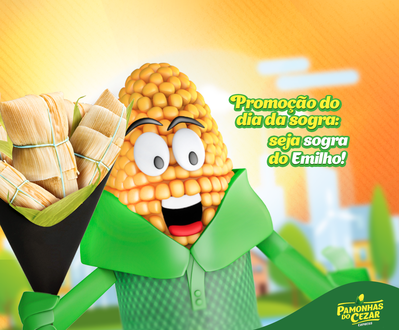 Milho de desenho animado segurando tamales, promovendo uma promoção de