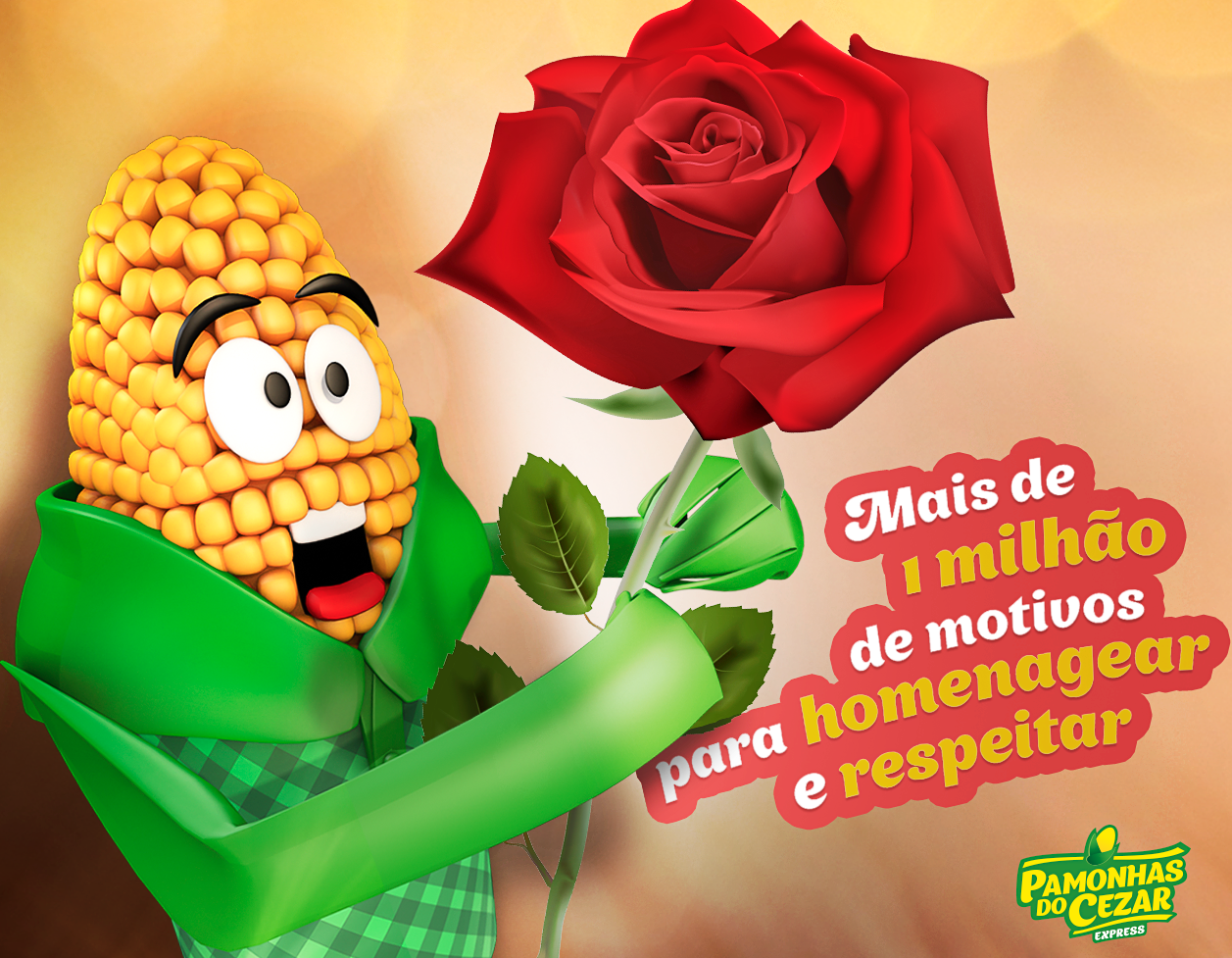 Personagem de milho animado segurando uma rosa vermelha; o texto diz
