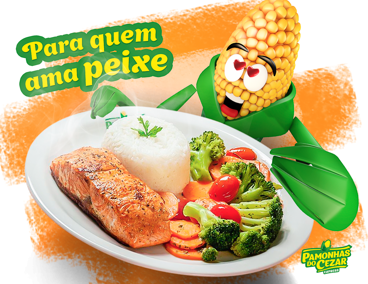 Um personagem de milho com olhos de coração sorri para um prato de salmão, arroz e legumes. O texto diz