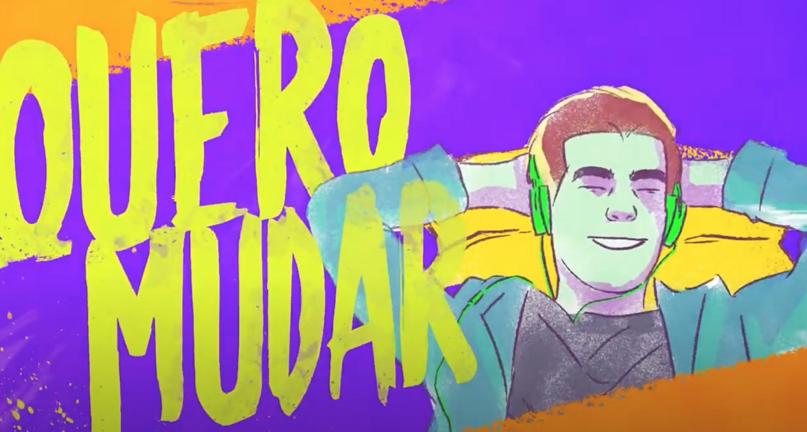 Homem usando fones de ouvido verdes, relaxado com os braços atrás da cabeça, escreve