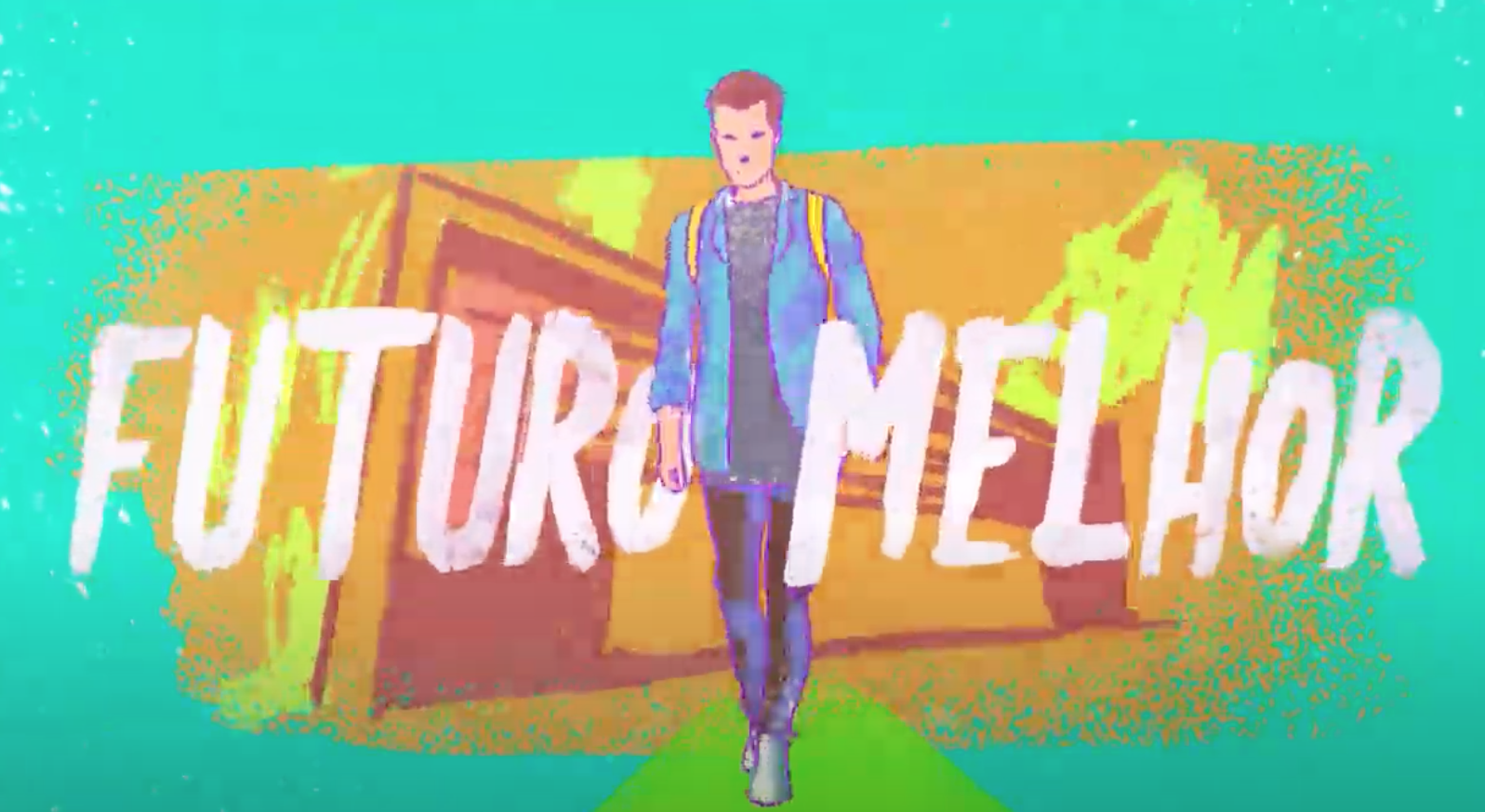 Uma pessoa caminha em direção ao observador, com as palavras