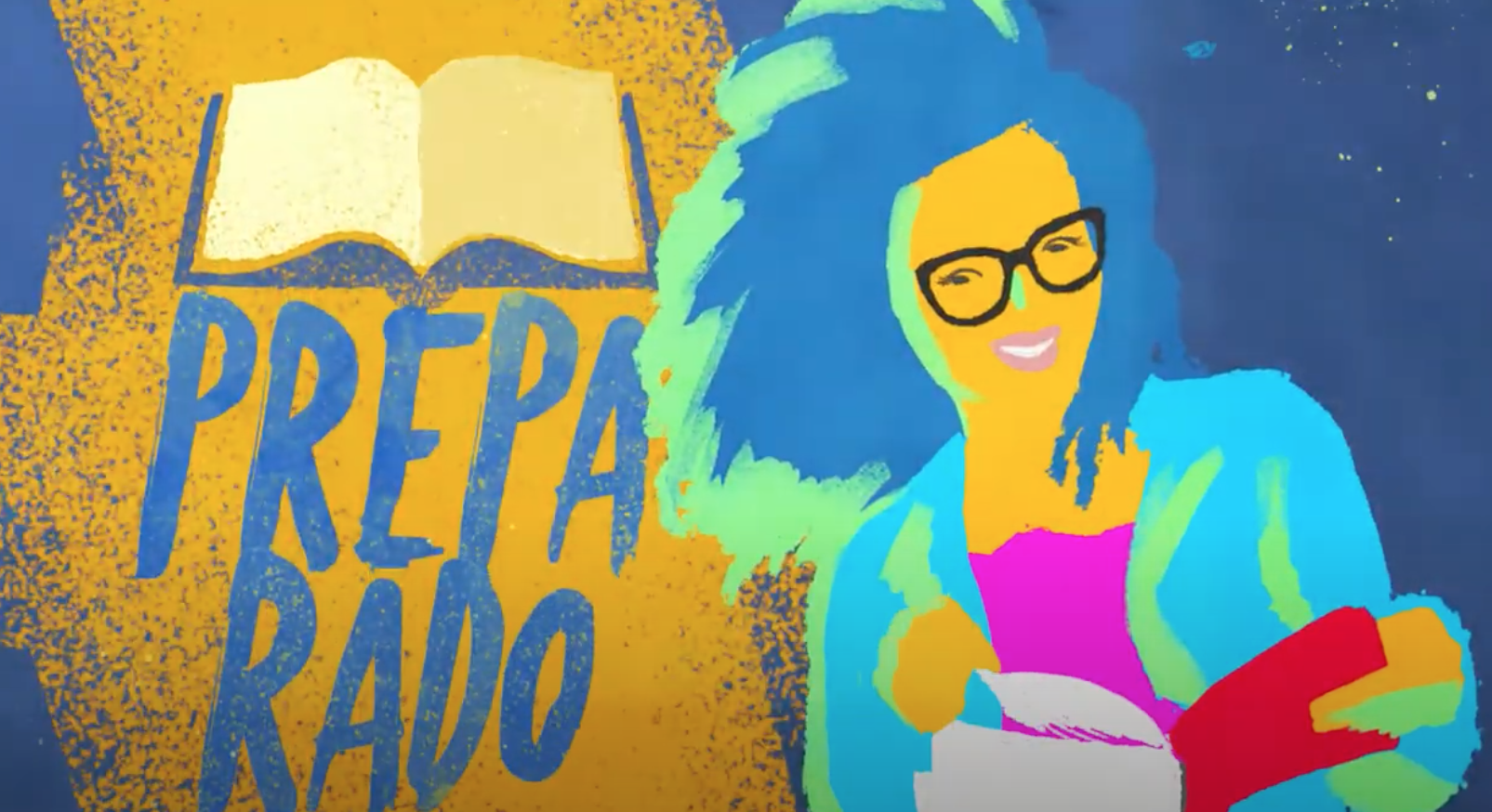 Mulher de óculos e cabelos azuis lendo um livro,