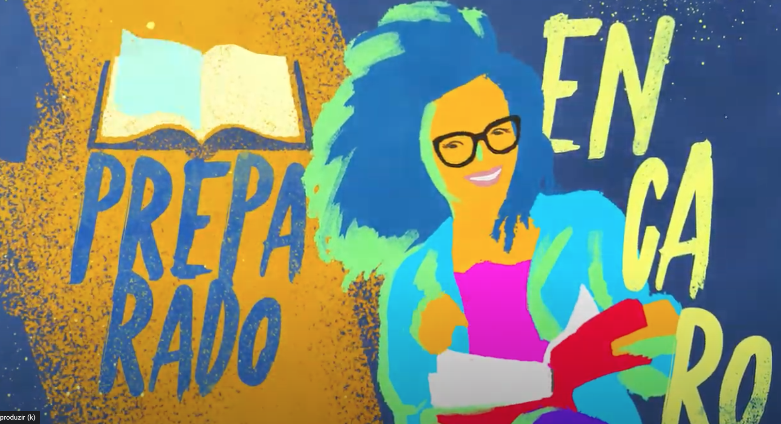 Ilustração de uma mulher com cabelo azul e óculos ao lado de um livro, com o texto