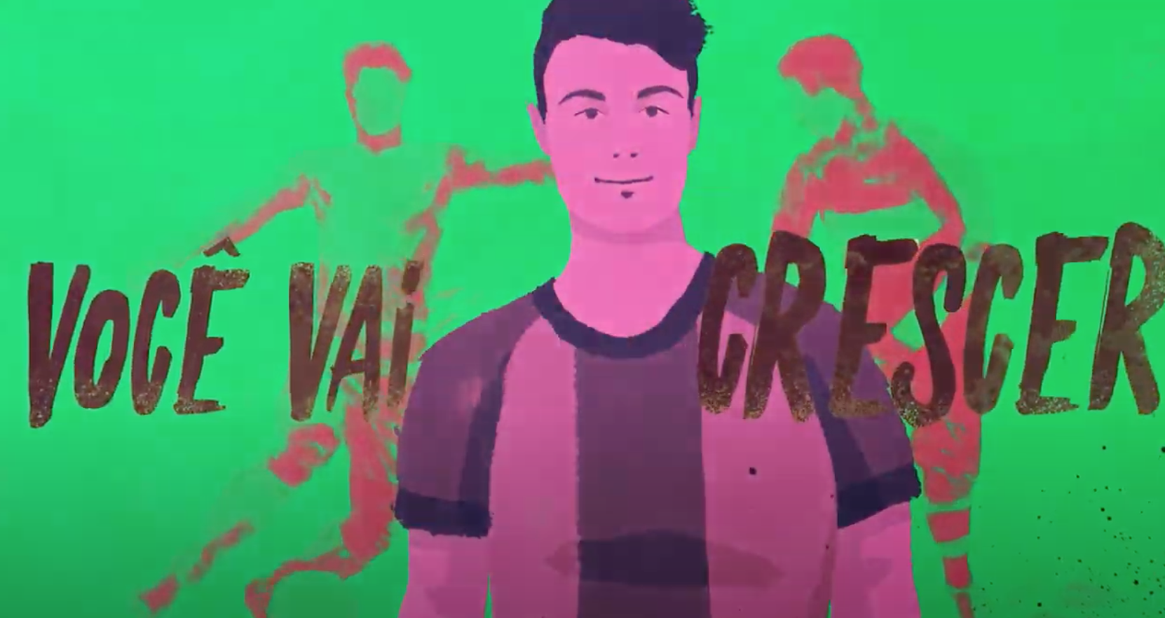 Homem com uma camisa listrada rosa e roxa, com a inscrição