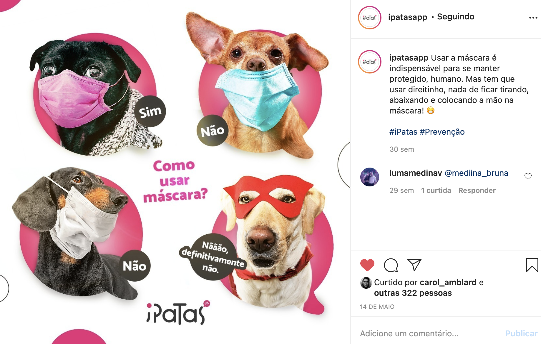 Quatro cães demonstram como usar uma máscara corretamente. O primeiro cão a usa corretamente. Os outros três, não. Anúncio promovendo o uso de máscaras.