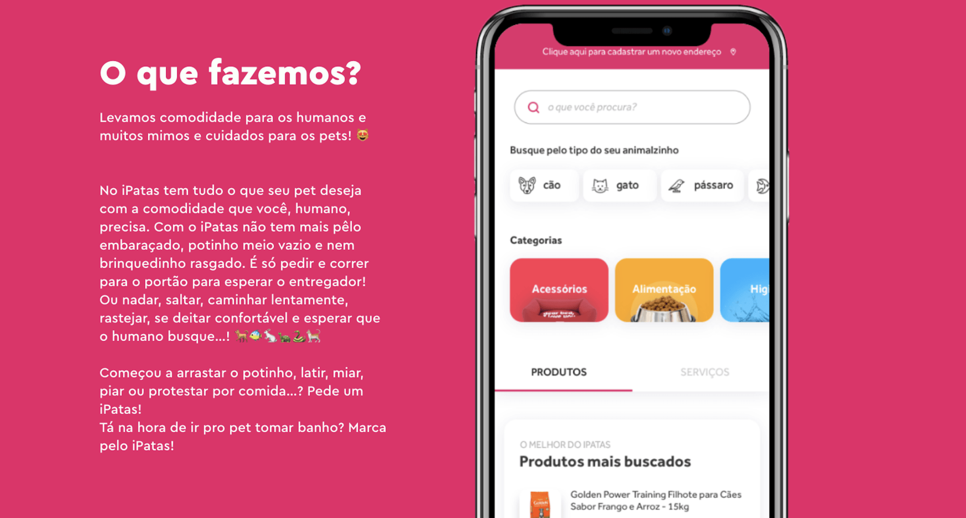 Captura de tela de um aplicativo rosa em um celular. O aplicativo mostra uma barra de pesquisa, botões e listas de produtos. O texto à esquerda explica o que o aplicativo faz.