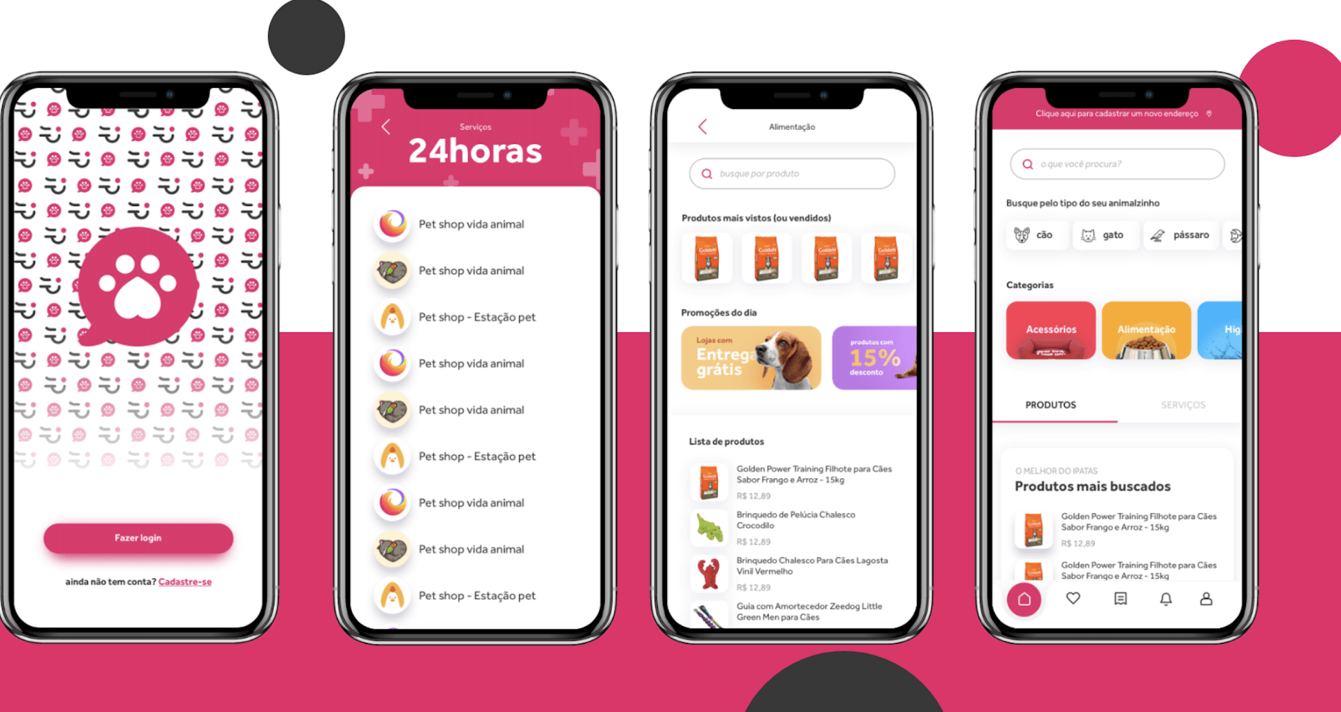 Quatro telas de smartphone exibindo um aplicativo de produtos para animais de estimação com tema rosa e branco. Os recursos incluem listas de produtos, busca e um ícone de bate-papo.