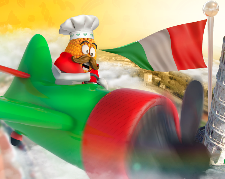 Chef de desenho animado em um avião com bandeira italiana, voando sobre pontos turísticos italianos como a Torre Inclinada de Pisa.