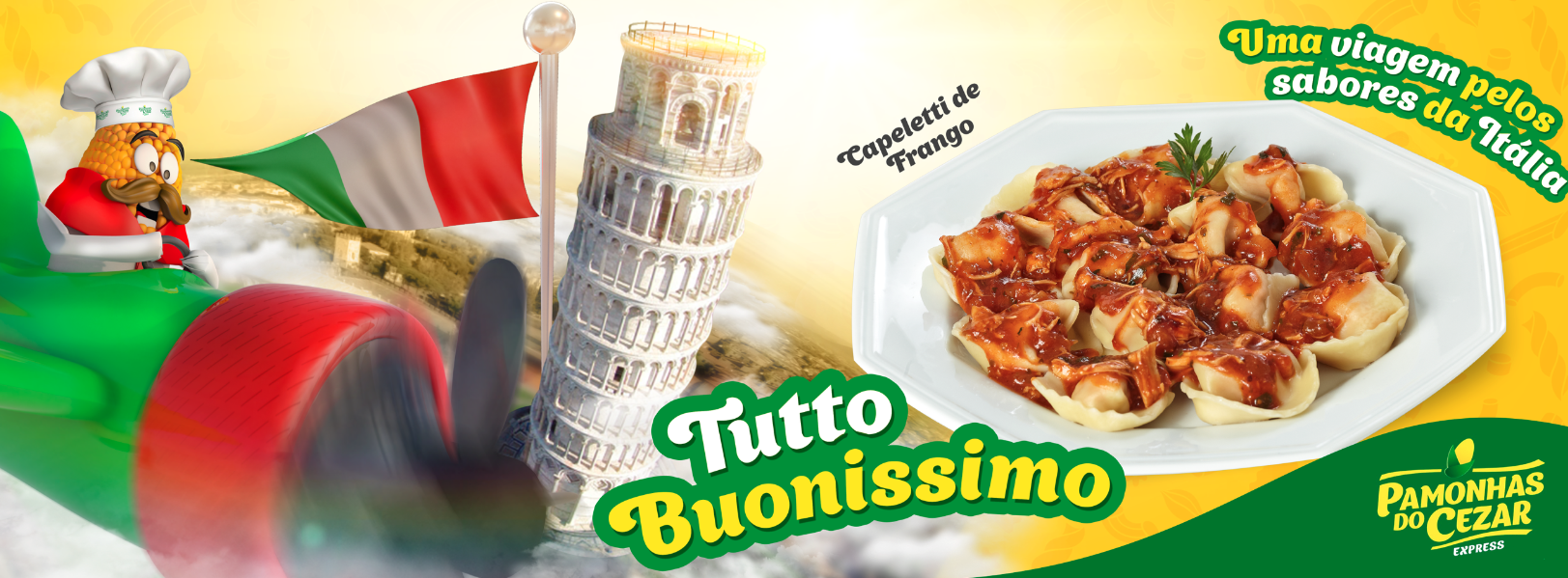 Desenho animado de comida italiana, apresentando um personagem parecido com um chef, a Torre de Pisa e um prato de macarrão com molho.