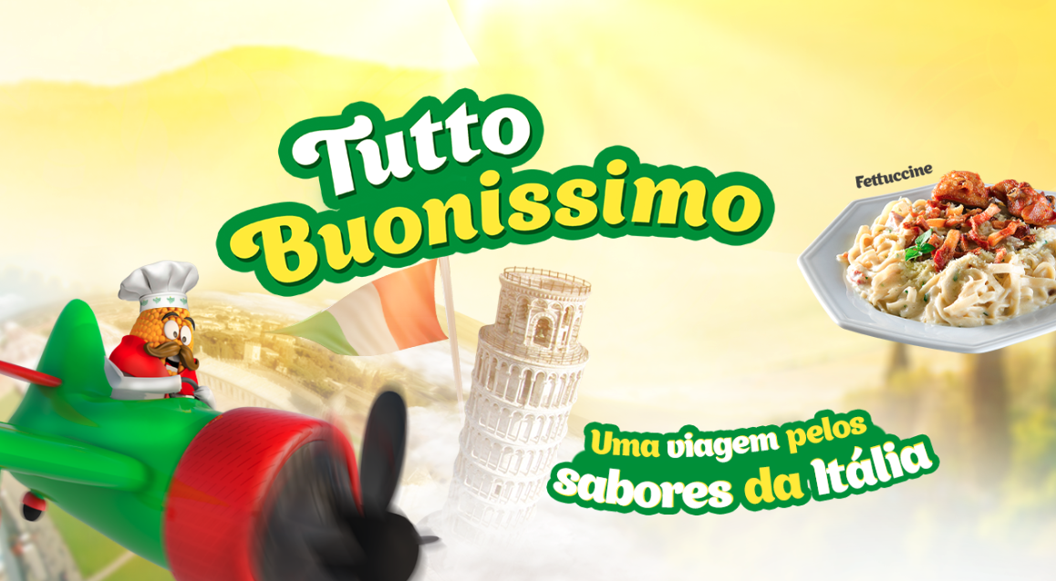 Cartoon chef in plane flying over Italy, text reads