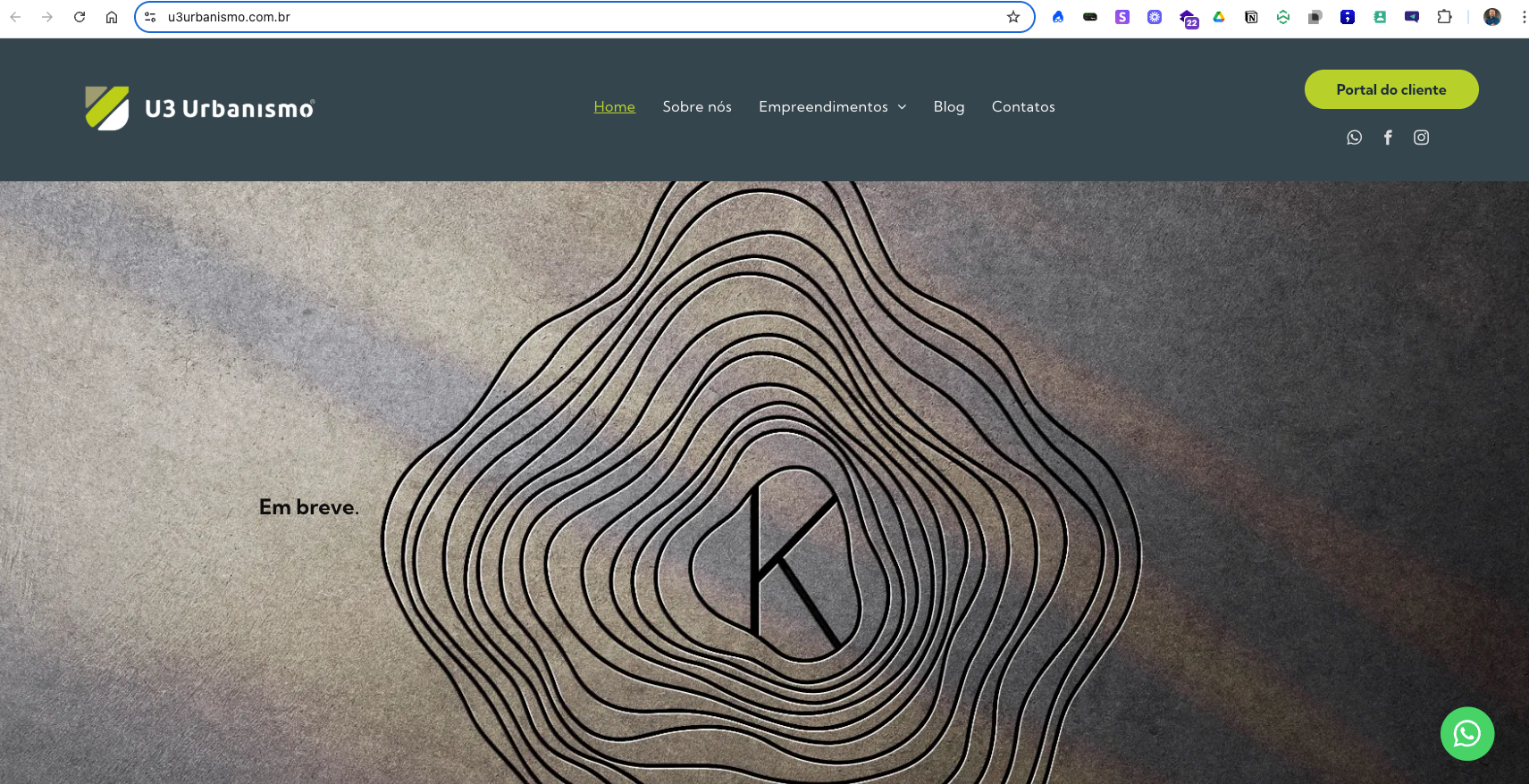 Página inicial do site com um cabeçalho azul-petróleo escuro e um design abstrato central de linhas pretas ao redor de um fundo cinza texturizado com um grande