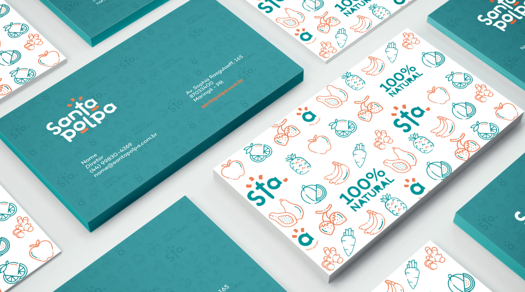 Cartões de visita em tons de azul-petróleo e branco com o logotipo 