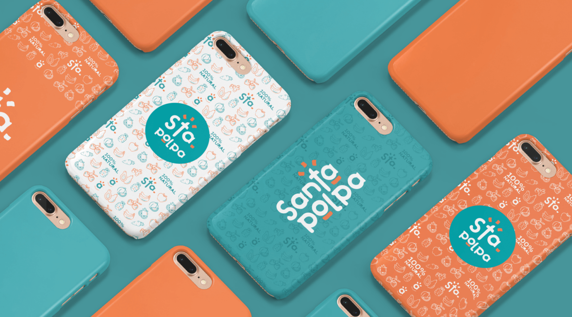 Coleção de capas de celular em várias cores (laranja, azul e branco) com o logotipo 