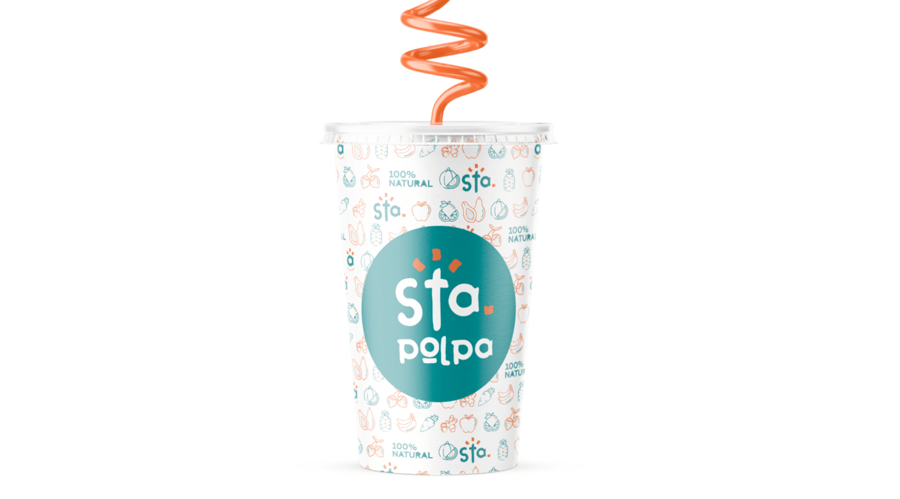 Um copo da bebida Sta Polpo com um canudo laranja em espiral. O copo é decorado com padrões e um logotipo turquesa.