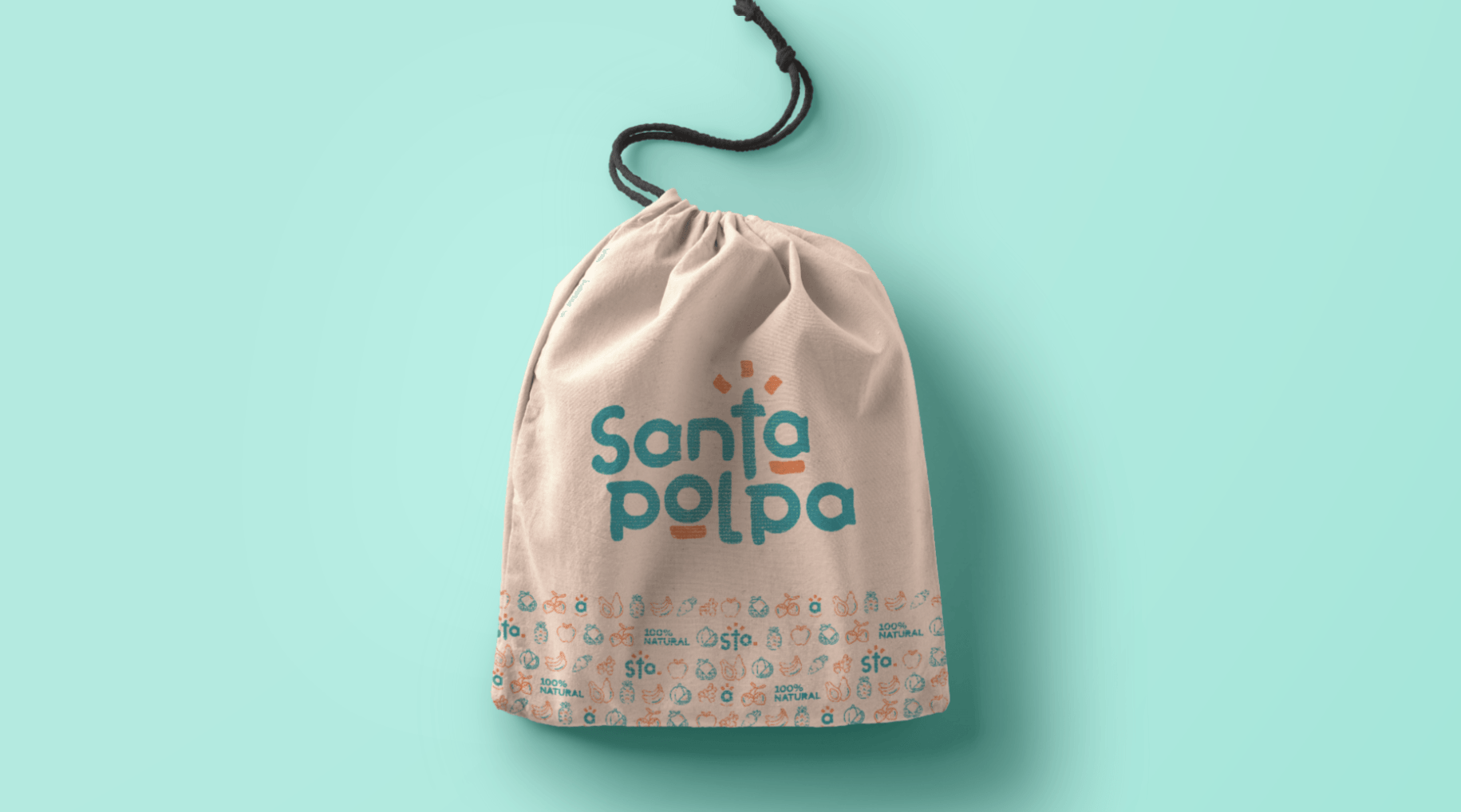 Bolsa bege com cordão e o logotipo 