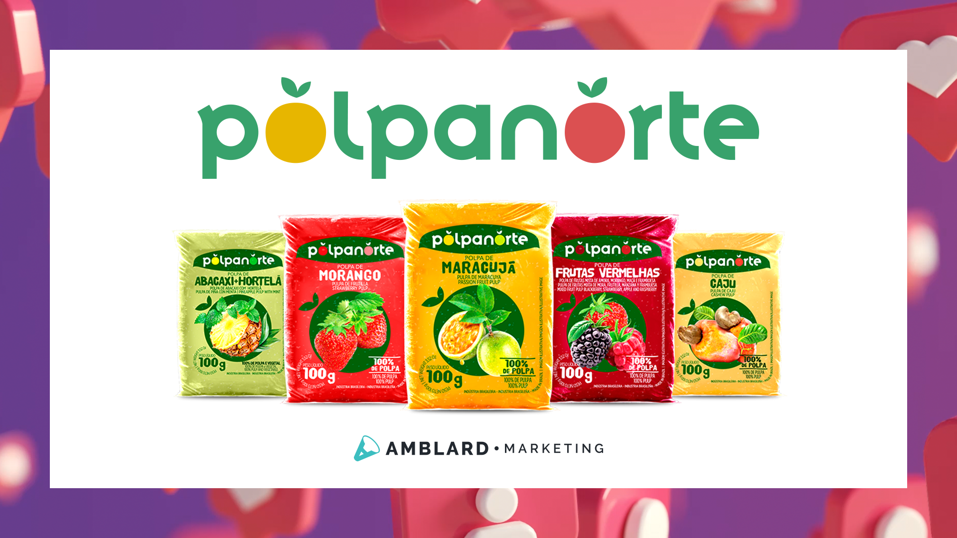 Cinco pacotes coloridos de polpa de fruta da Pölpanörte, com o nome da marca em verde e amarelo acima.