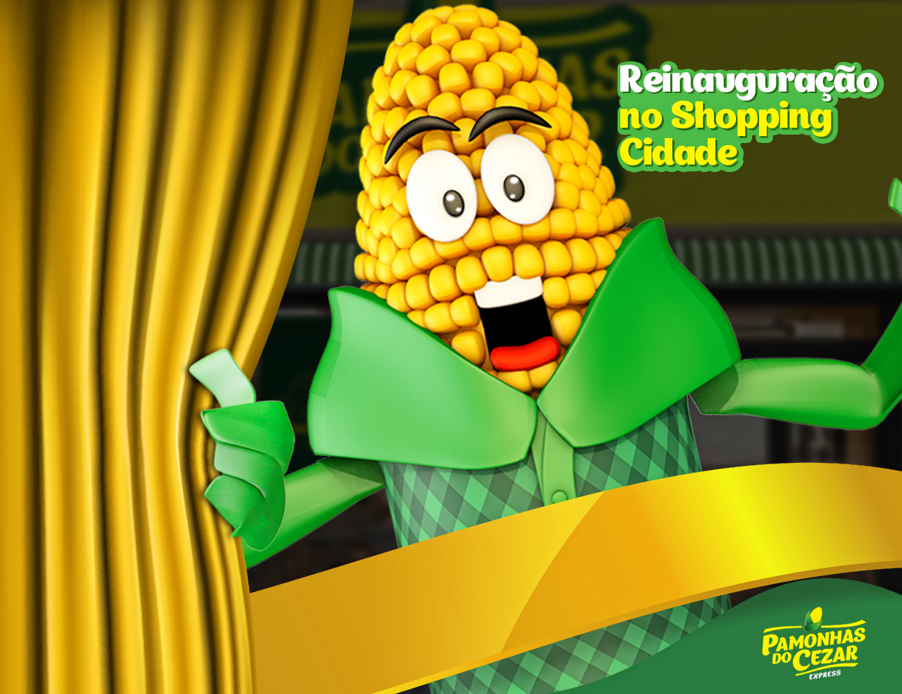 Mascote animado de milho abrindo as cortinas do Shopping Cidade. O texto diz