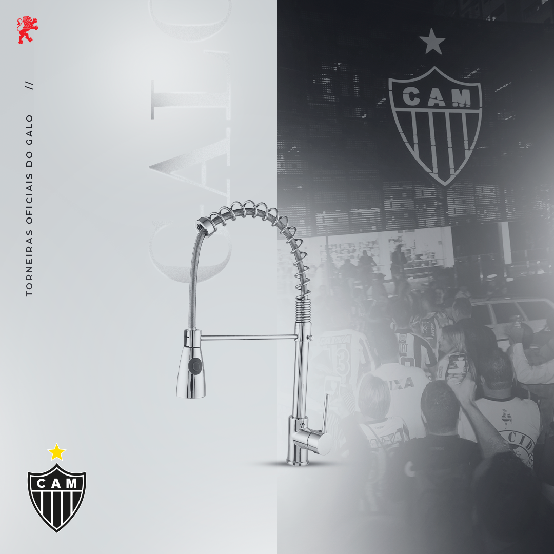 Imagem dividida: uma torneira de cozinha em um fundo branco e cinza e uma imagem em tons de cinza de uma torcida com o logotipo do Atlético Mineiro.