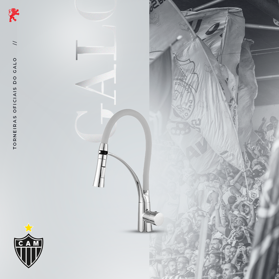 Propaganda de torneira de cozinha com uma torneira prateada, o logotipo de um time de futebol e uma multidão de fãs desfocada ao fundo.