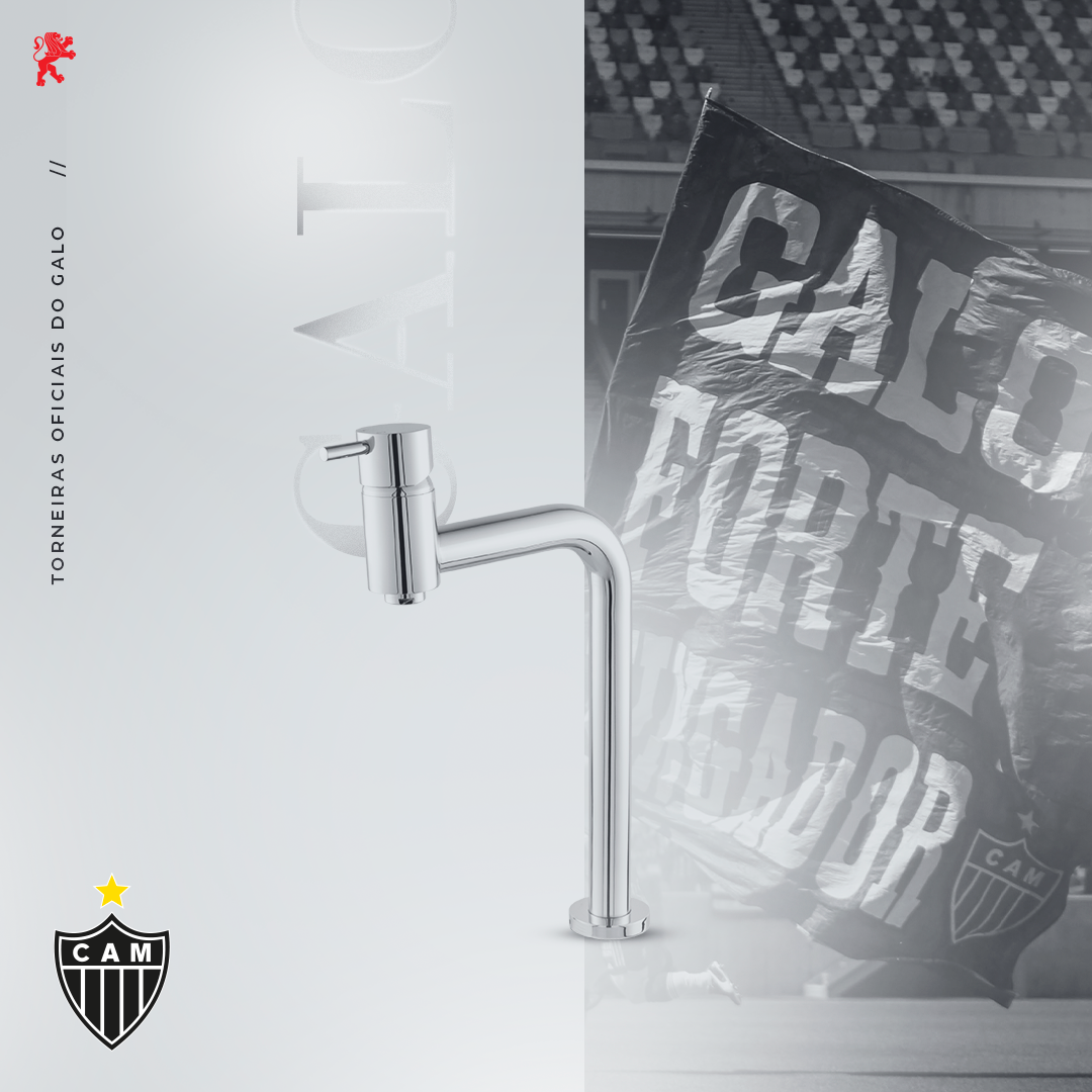 Um bebedouro cromado com uma imagem parcial em preto e branco da bandeira e do logotipo de um time de futebol.