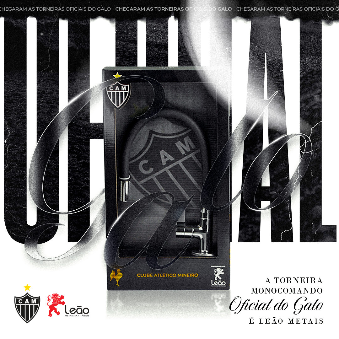 Uma torneira de cerveja com o logotipo e a marca do Atlético Mineiro, em uma caixa promocional. O texto diz