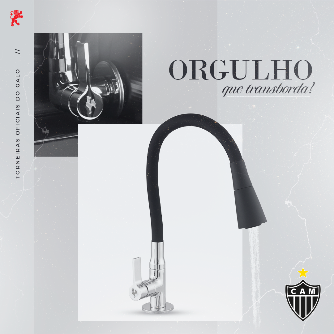 Kitchen faucet with black flexible spout. Text reads