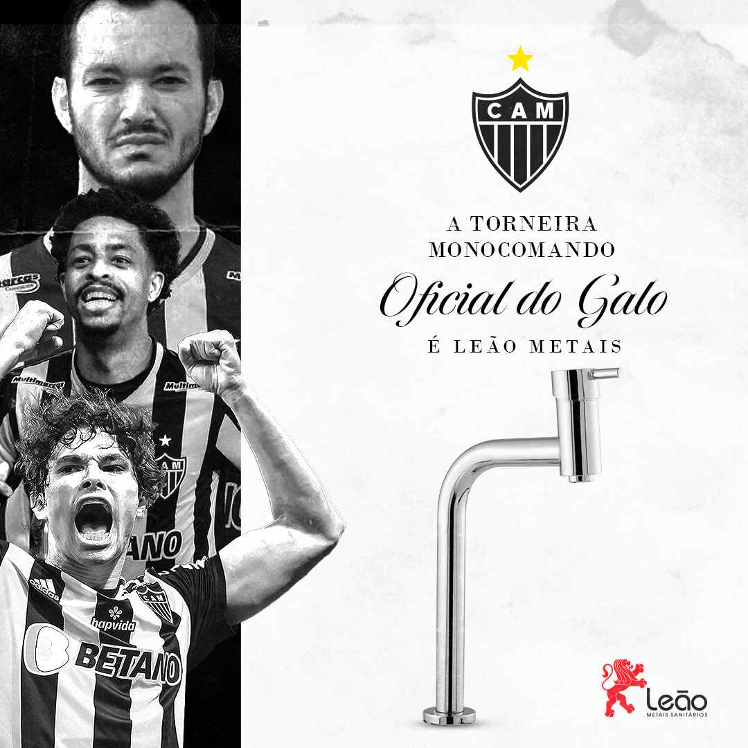 Imagem promocional em preto e branco. Jogadores do Atlético Mineiro com torneira prateada. O texto