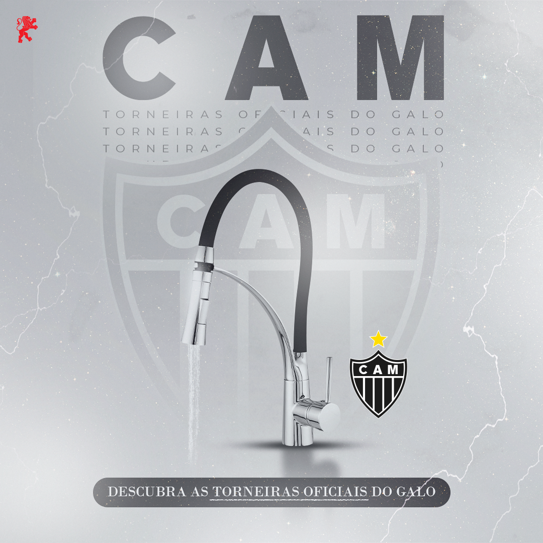Propaganda das torneiras oficiais do Atlético Mineiro. Uma torneira com água corrente sobrepõe o logotipo do time. Texto: