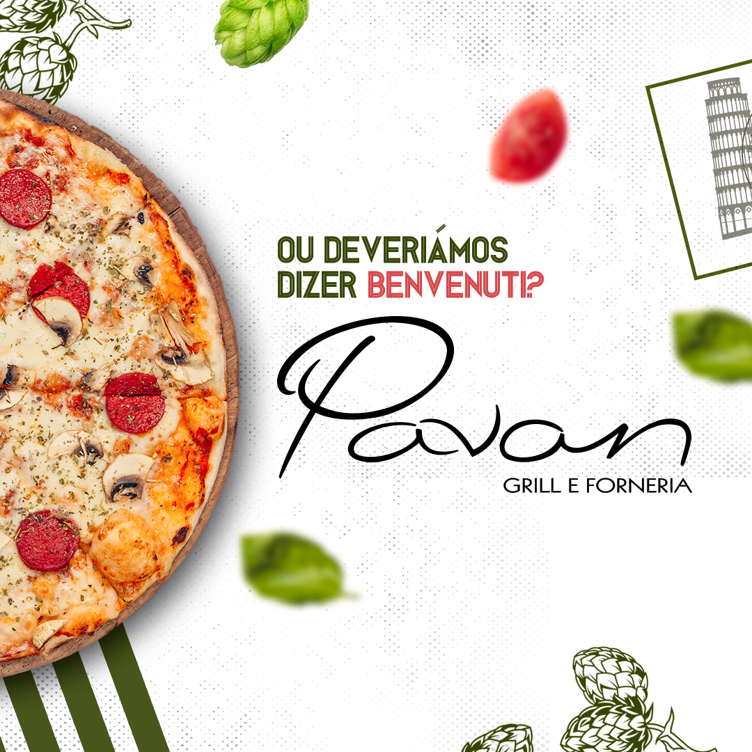 Uma pizza está sobre uma mesa ao lado de uma placa que diz pavan grill e forneria.