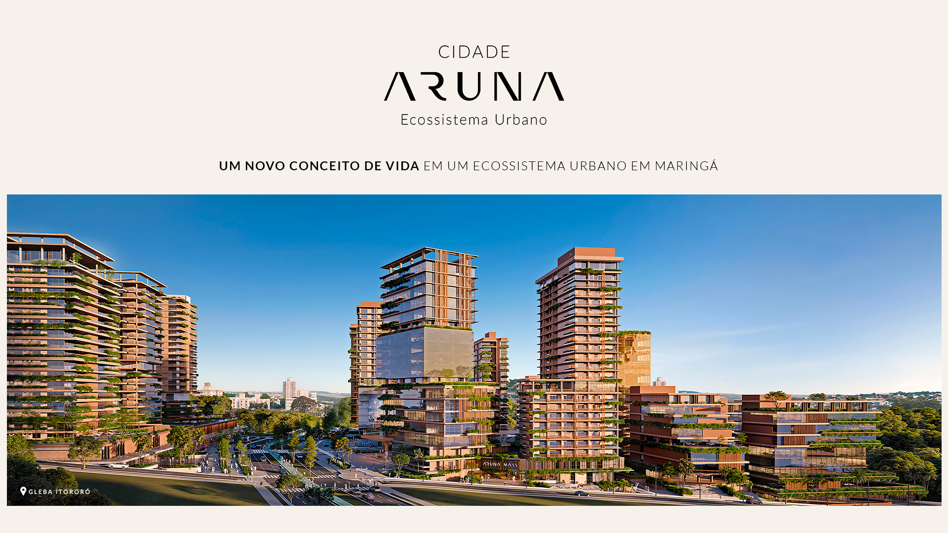 Paisagem urbana com vários prédios de apartamentos modernos, apresentando uma mistura de fachadas de vidro e madeira, com vegetação exuberante integrada por toda parte.