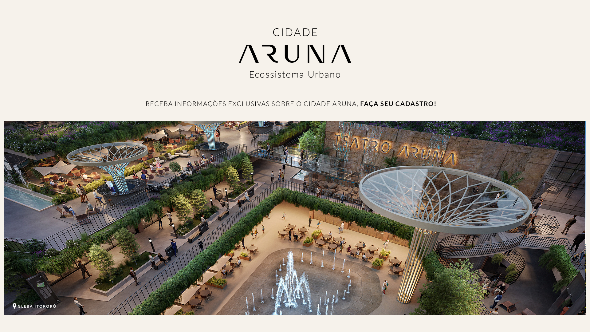 Vista aérea da Cidade Aruna, uma nova comunidade com uma fonte, caminhos, área verde e edifícios modernos.