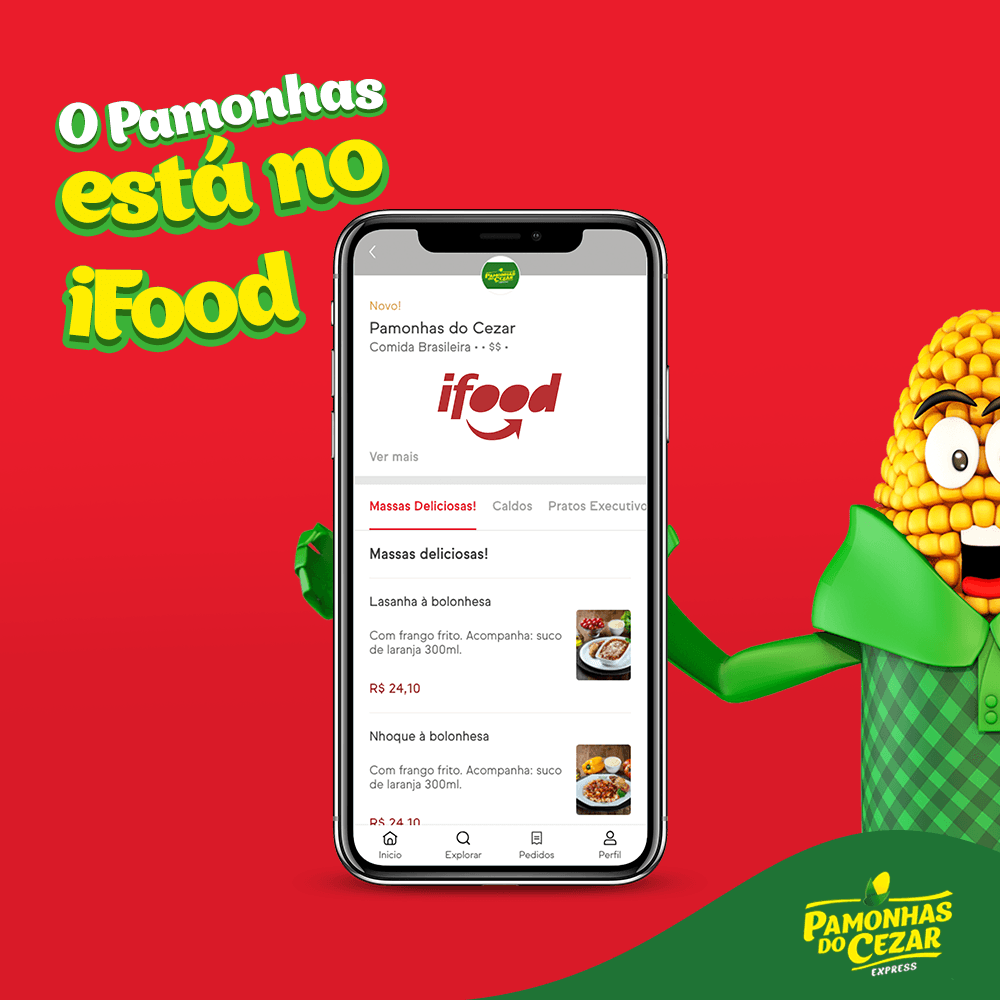 Propaganda do Pamonhas do Cezar no iFood: um smartphone exibe o aplicativo do iFood com itens do cardápio. Um mascote em formato de milho está à direita.