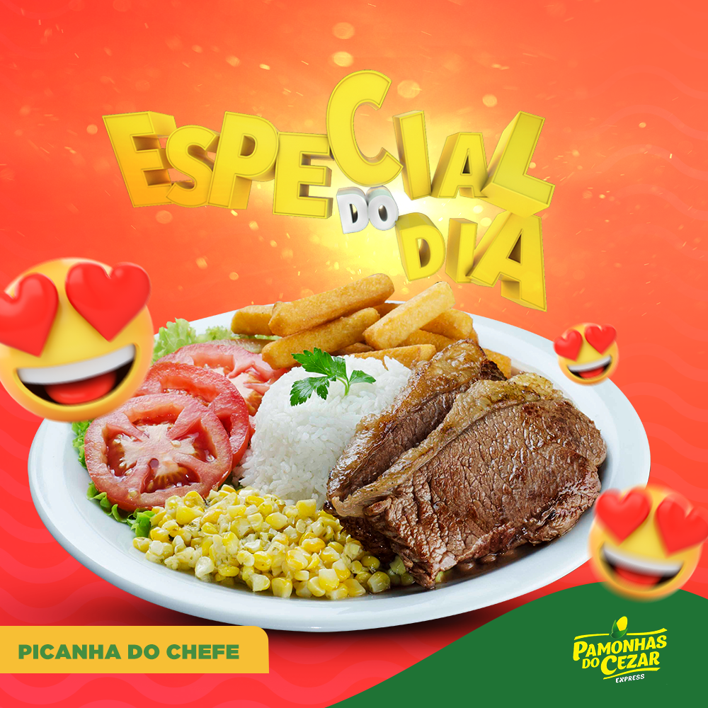 Um prato com bife grelhado, arroz, milho, tomate e batata frita. Texto