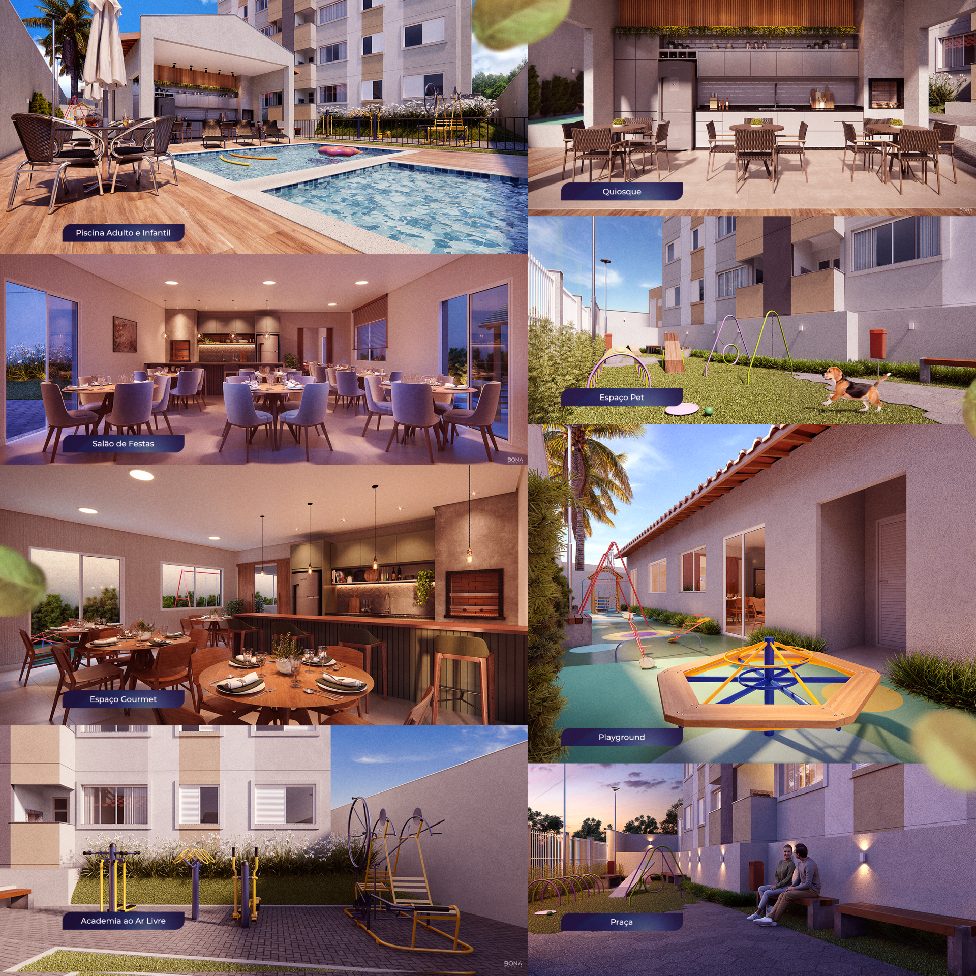 Colagem de imagens mostrando as comodidades do complexo de apartamentos: piscina, áreas de jantar, playground, área de ginástica ao ar livre e exteriores dos edifícios.