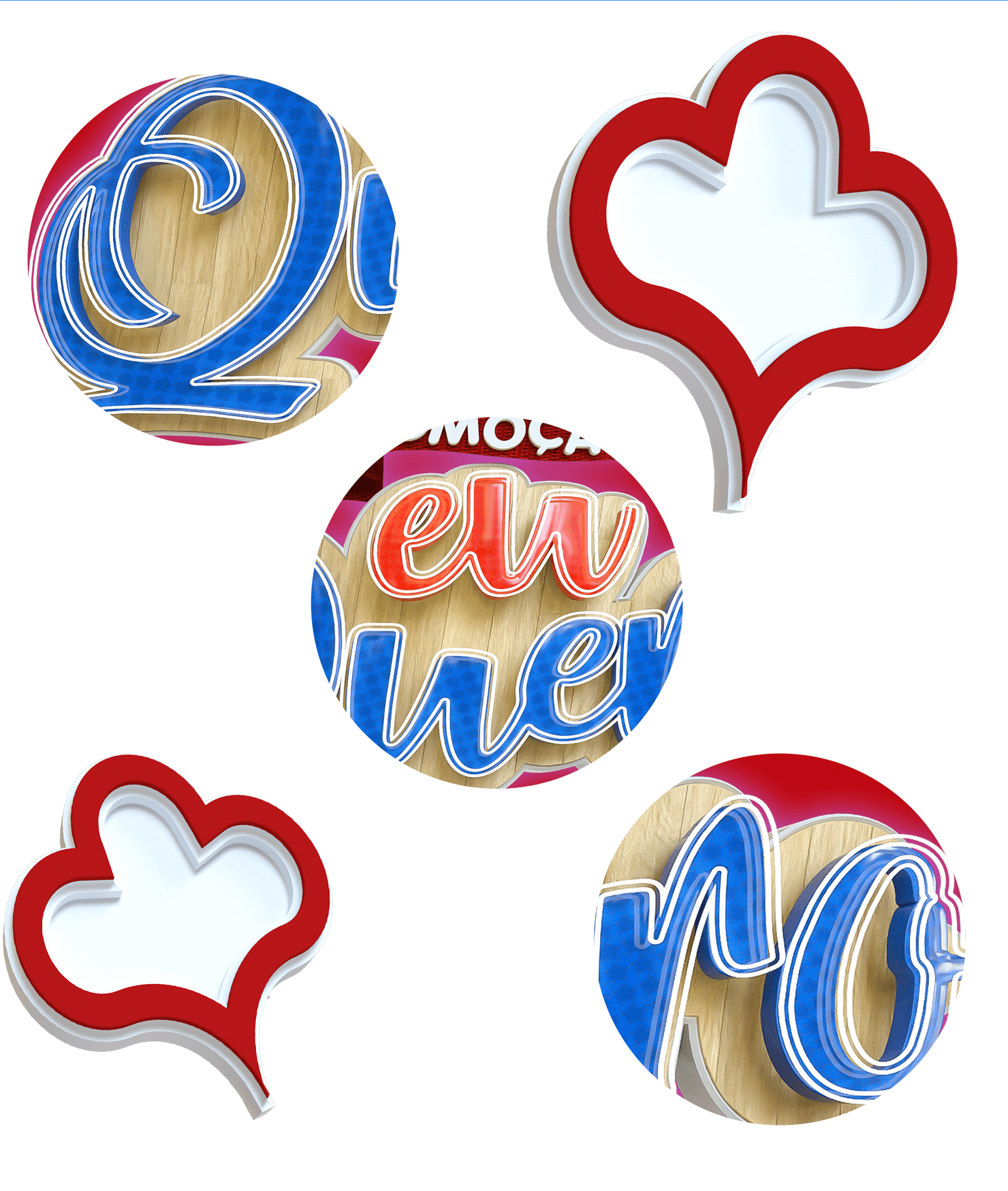 Cinco elementos decorativos com desenhos coloridos em fundos de madeira, com letras estilizadas e contornos vermelhos e azuis.