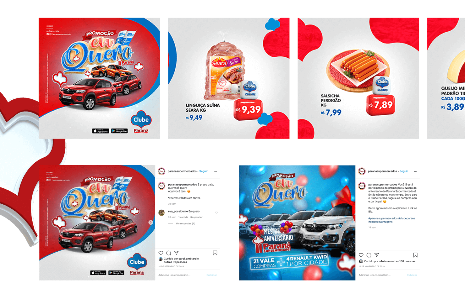 Publicações em redes sociais com ofertas promocionais. Tema vermelho e azul. Uma delas inclui um carro e a frase