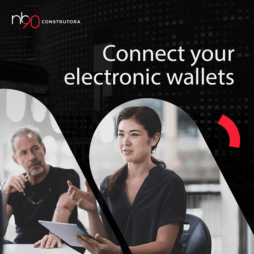 Uma mulher usando um tablet e um homem ouvindo; o texto diz