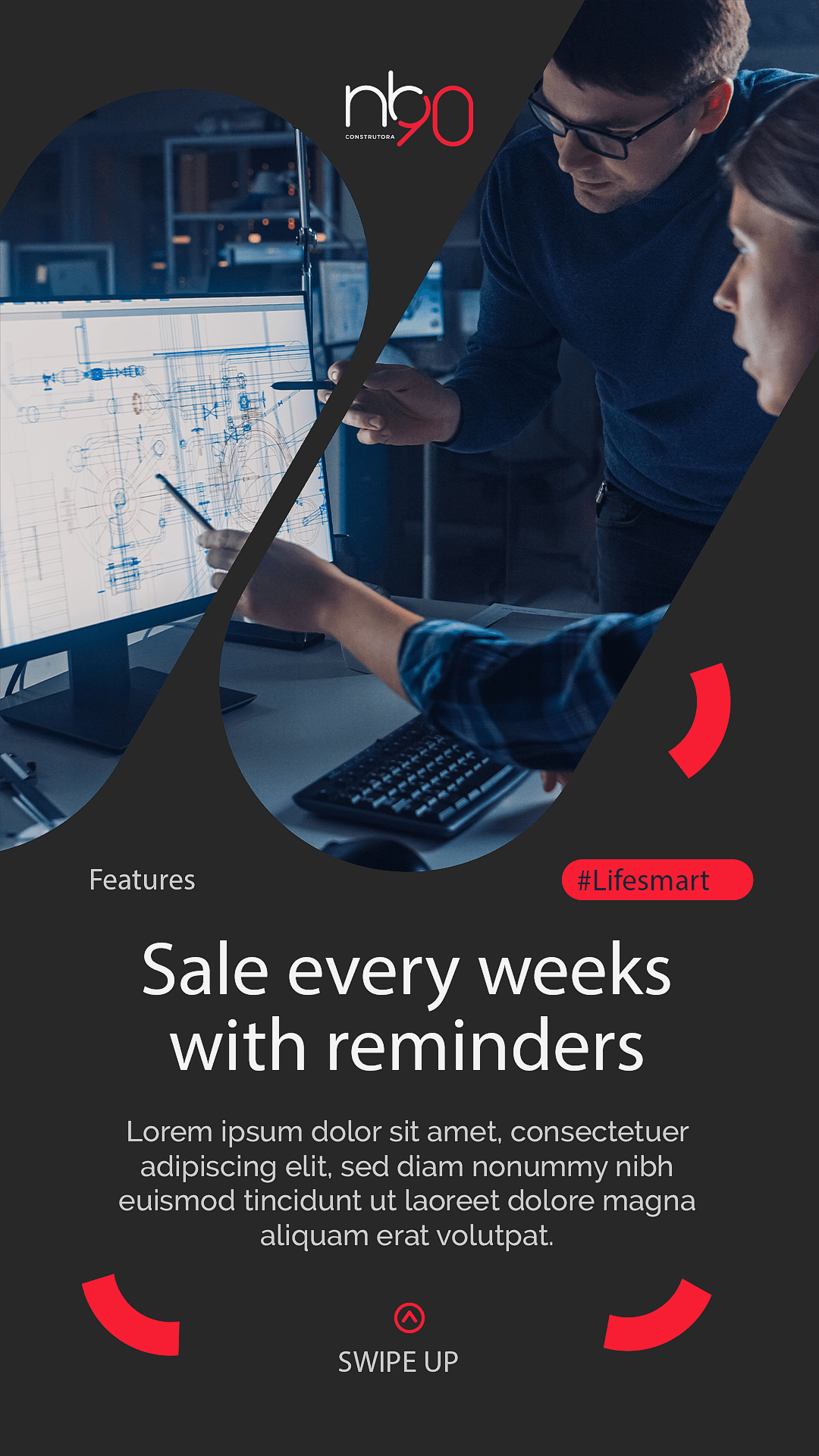 Duas pessoas olhando para uma tela de computador, promovendo uma promoção. O texto diz: