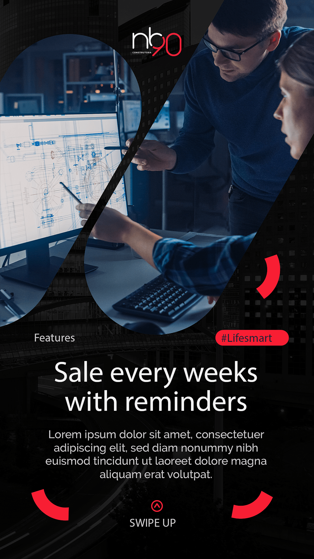 Duas pessoas olhando para uma tela de computador, possivelmente discutindo dados. Um anúncio de promoção com o texto