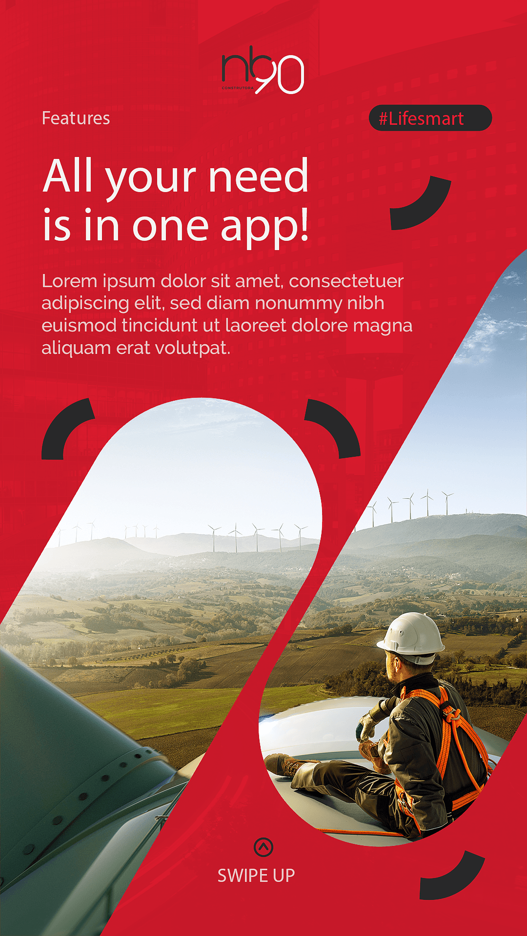 Anúncio de aplicativo vermelho mostrando um trabalhador observando uma paisagem, com o texto