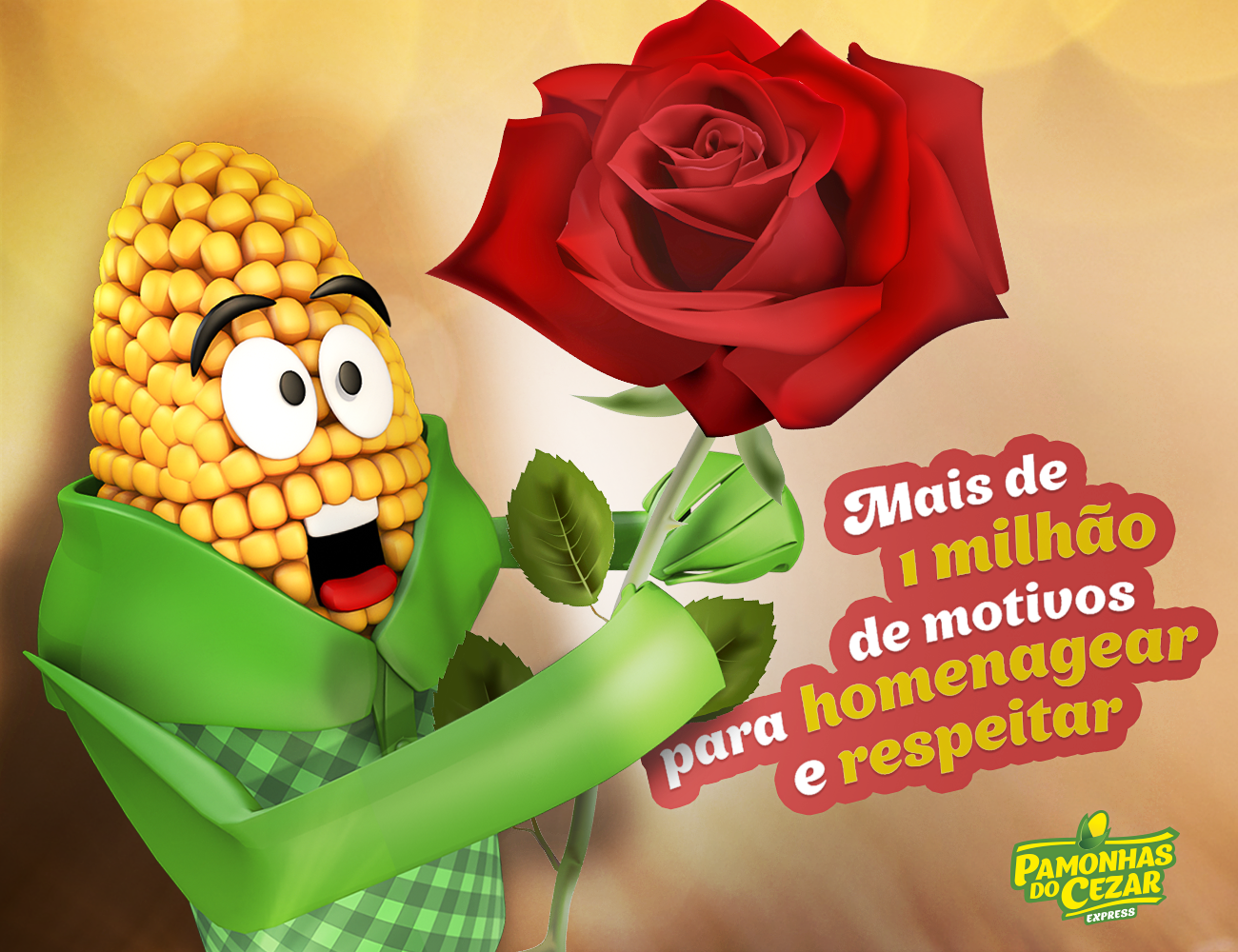Cartoon corn character holding a red rose with the text