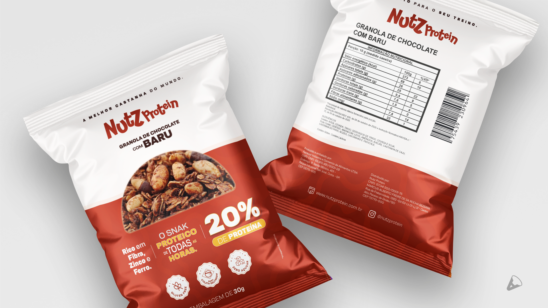 Dois pacotes de granola Nutz Protein branca e vermelha. O pacote da frente mostra o produto e lista as principais características; o de trás mostra a tabela nutricional.