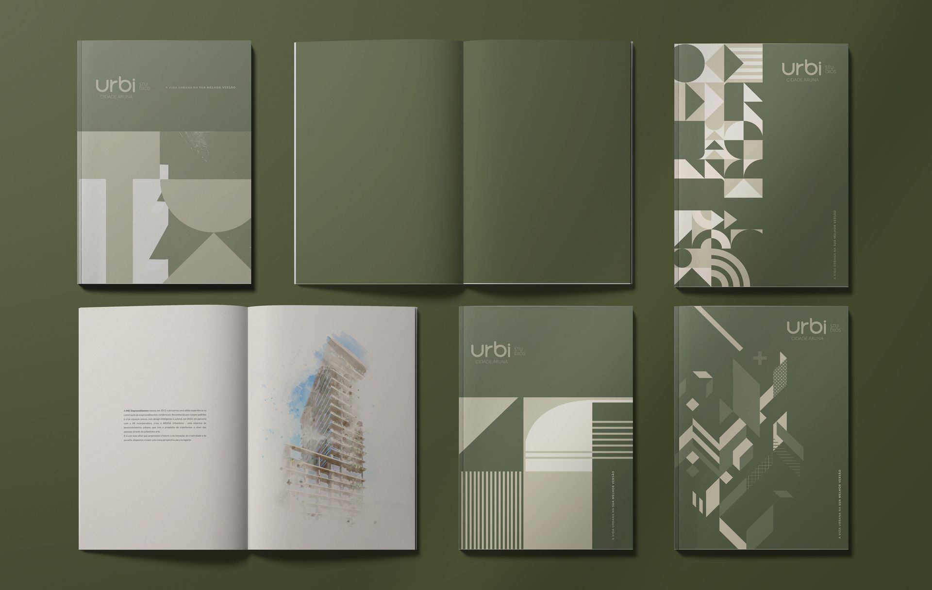 Maquete de livro em tons de verde-oliva. Apresenta diversas capas e páginas abertas com desenhos geométricos e texto.
