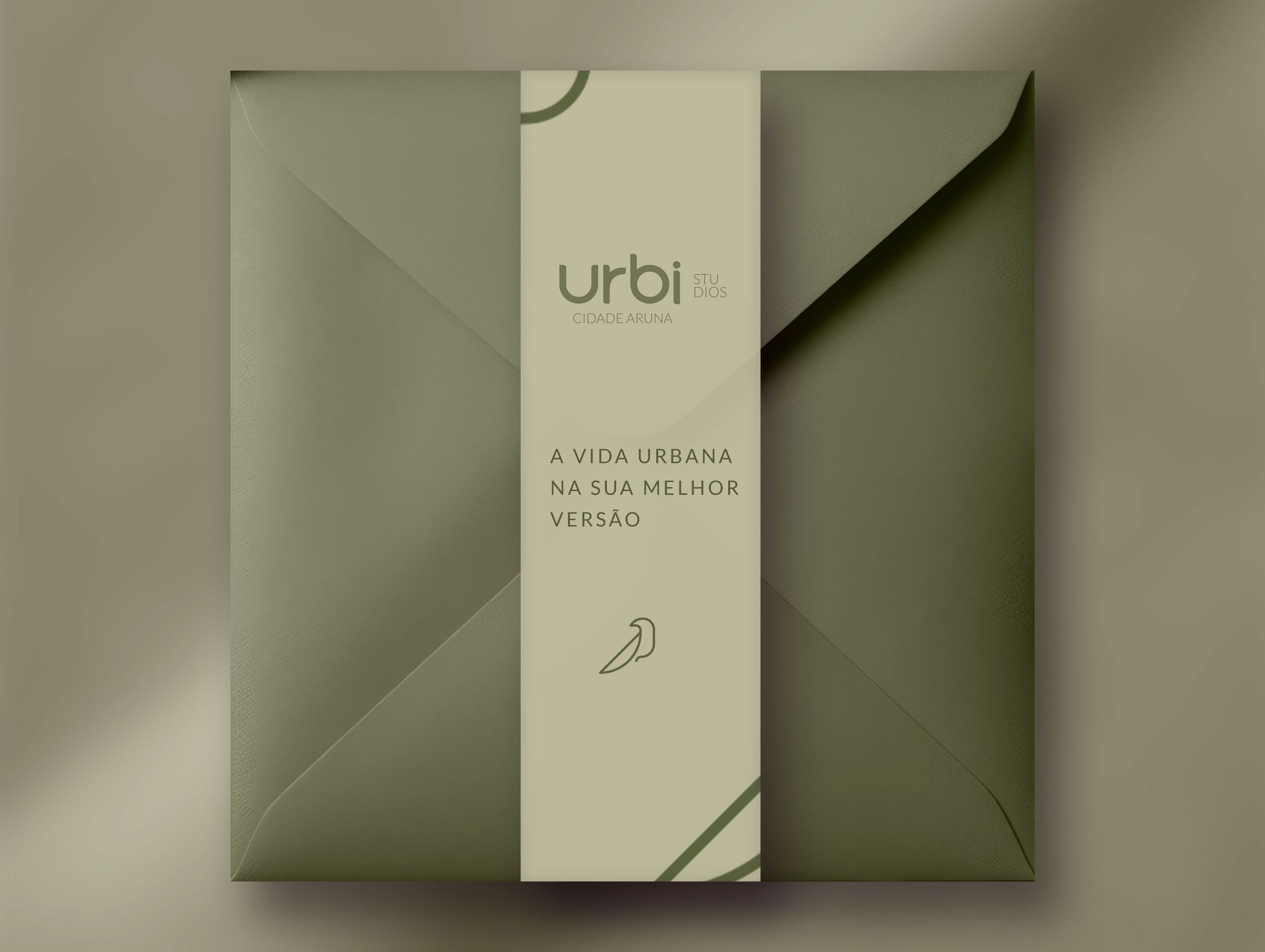 Pacote quadrado verde com uma faixa bege ao redor; a faixa tem texto e uma pequena ilustração.