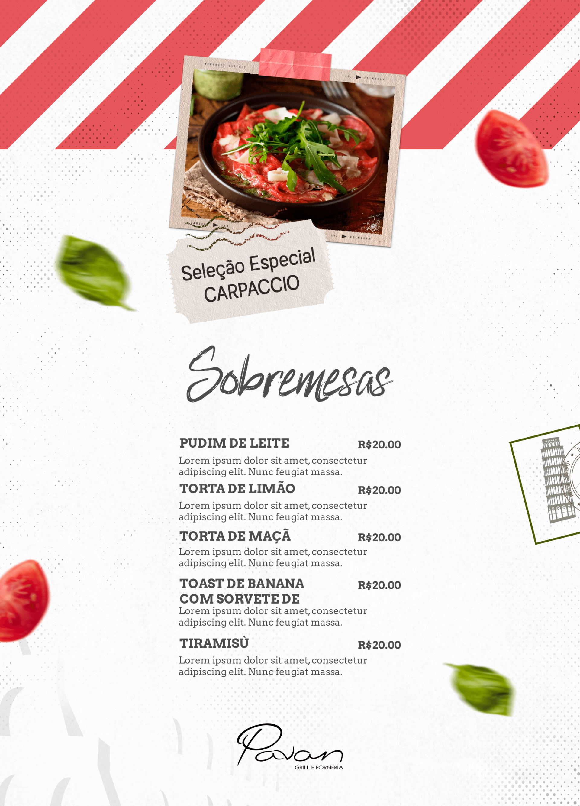 Um menu de restaurante com a imagem de uma pizza.