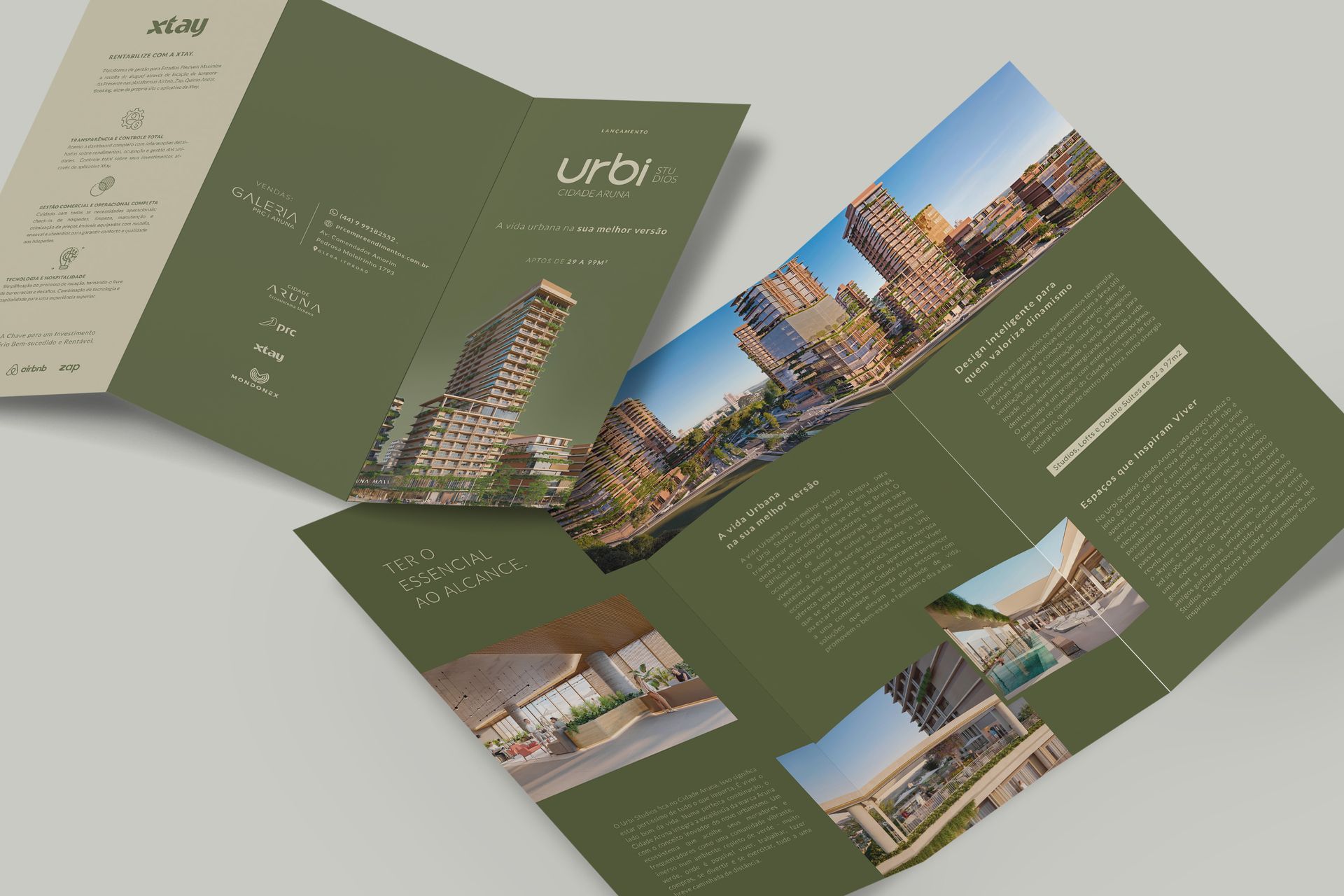Brochura tríplice para residências Urbi, com imagens de edifícios e interiores, em tons de verde e branco.