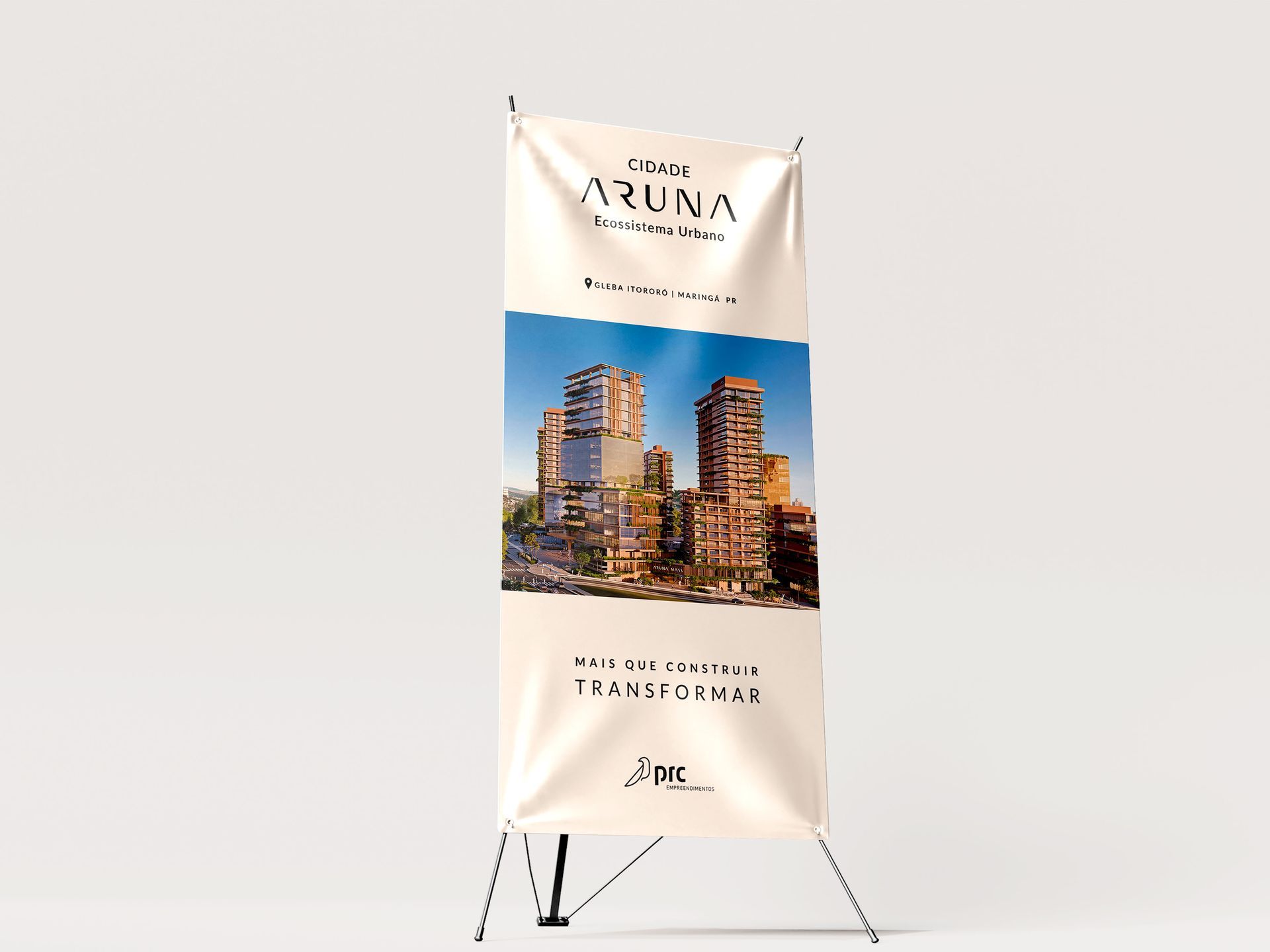 Um banner em X anunciando o complexo de apartamentos