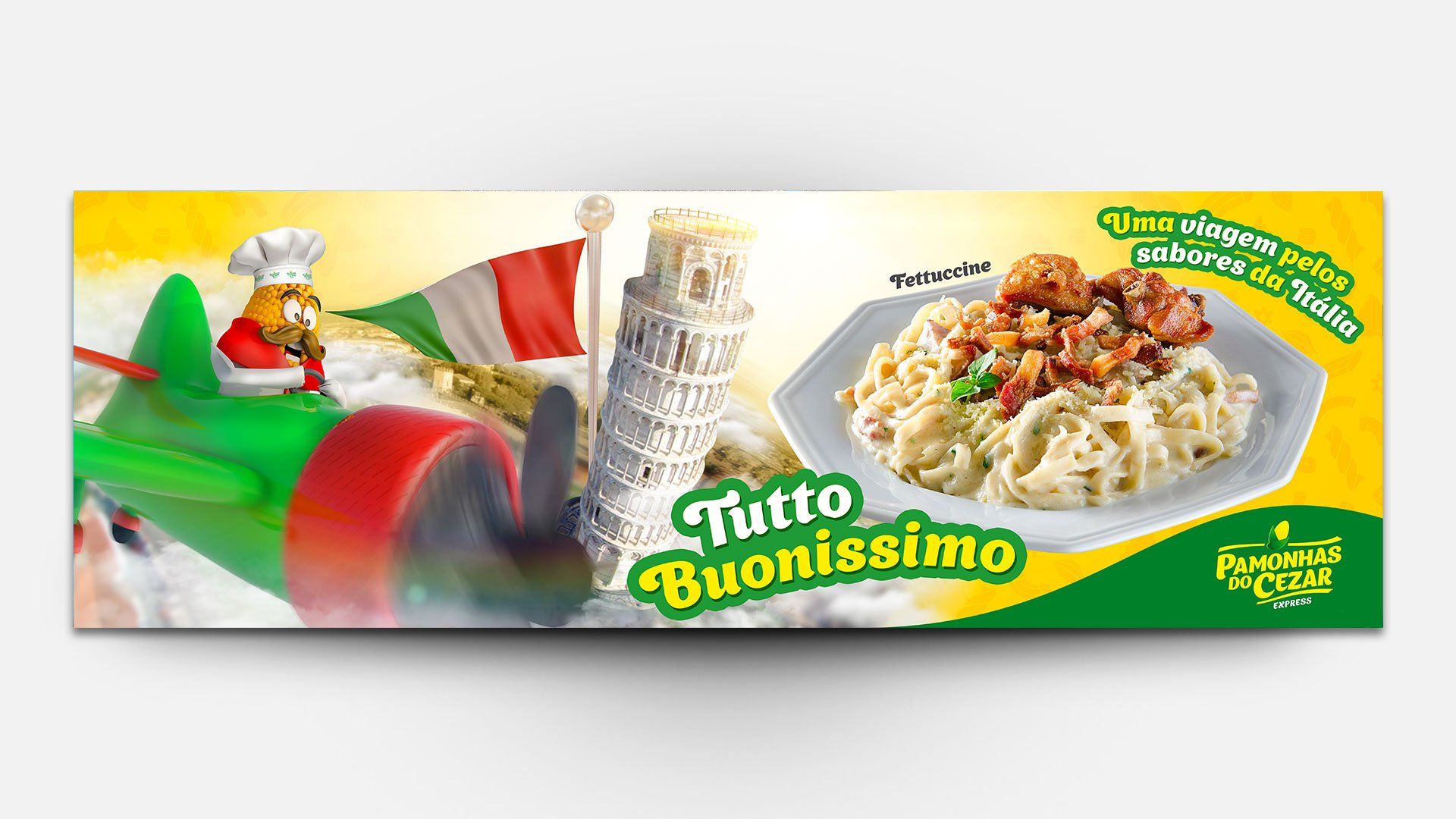Caixa de macarrão com bandeira italiana, Torre de Pisa, um chef, um avião e um prato de macarrão. Texto