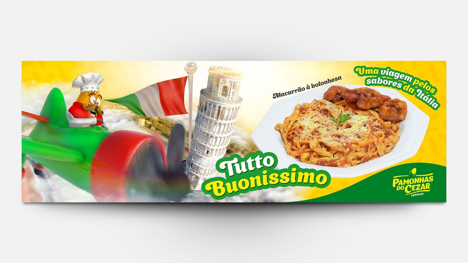 Um chef de desenho animado em um avião verde com uma bandeira italiana, a Torre de Pisa e um prato de macarrão.