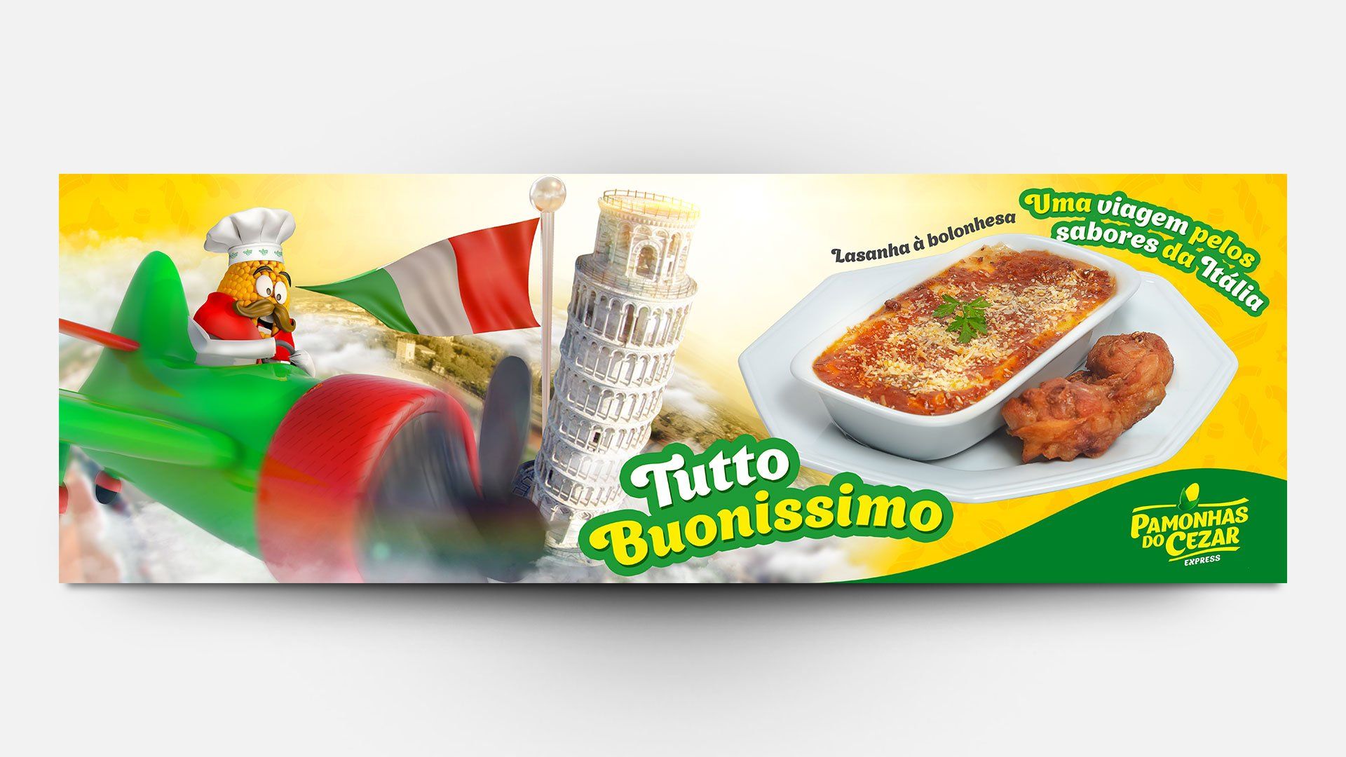 Faixa com tema italiano apresentando um chef em um avião verde, bandeira italiana, Torre de Pisa, prato assado e o texto